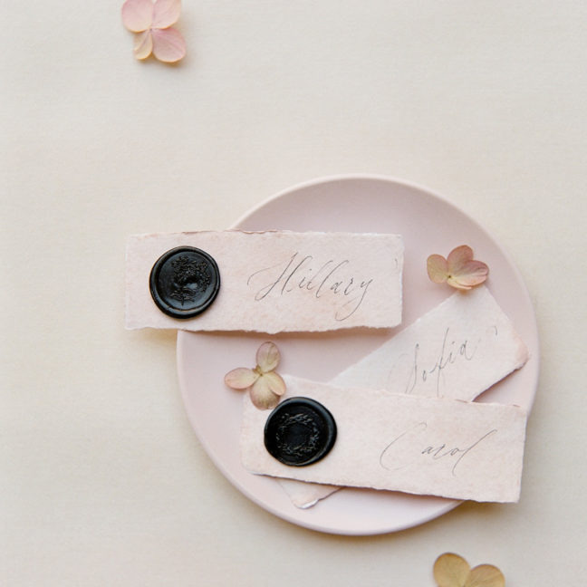black wax seals blush place cards