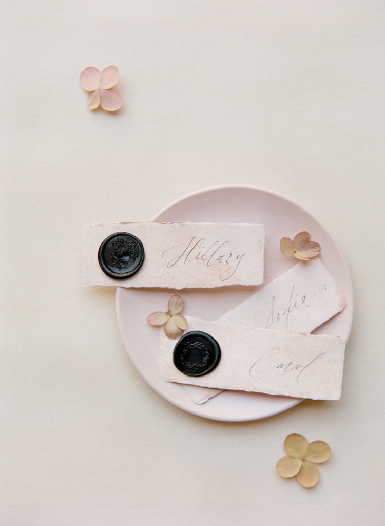 black wax seals blush place cards